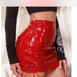 SHEIN Glossy Red Lace-Up Mini Skirt